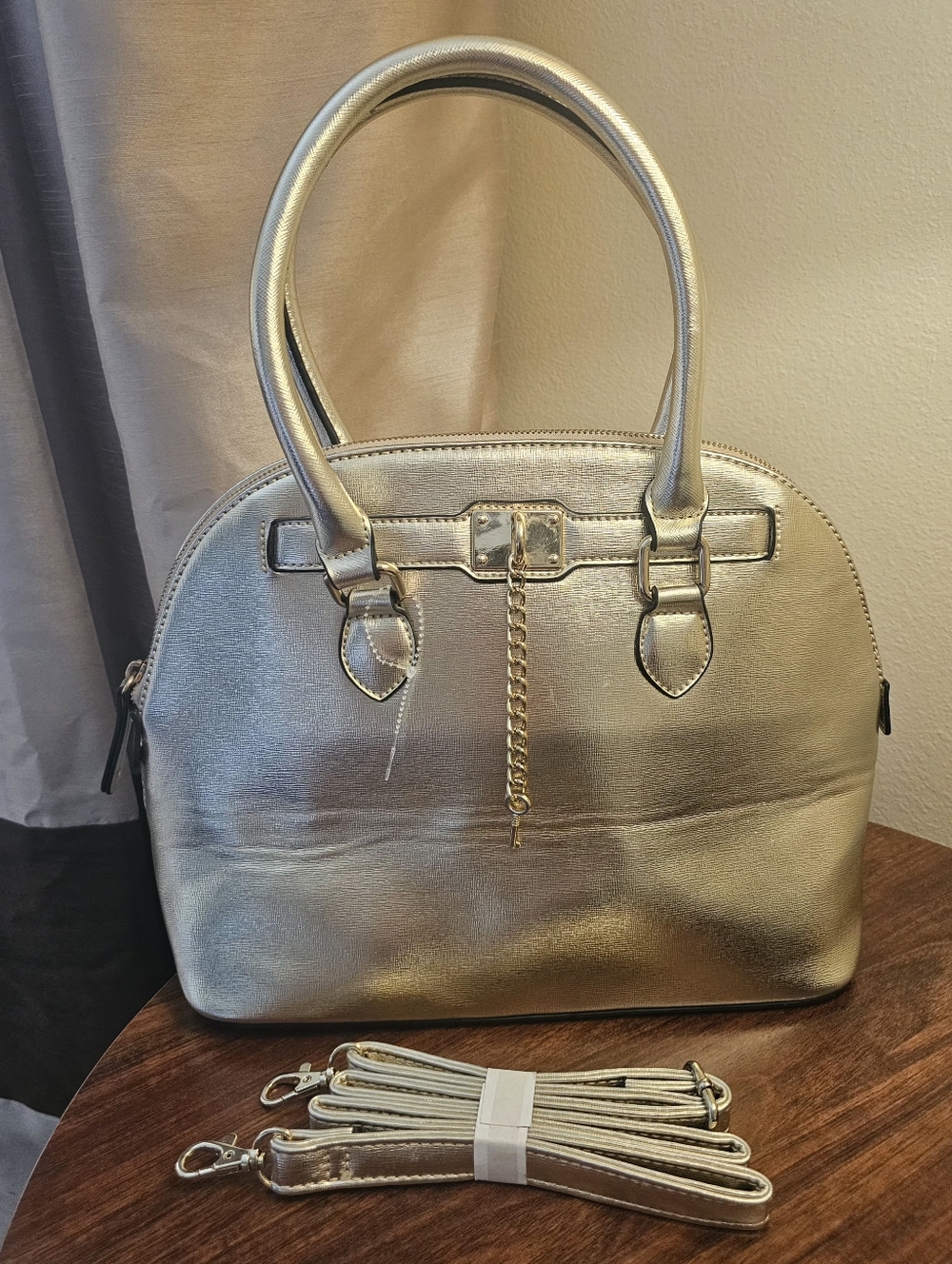 ALDO Metallic GOLD Dome Satchel Handbag with Chain Accent & KEY. NEW- NO TAGS